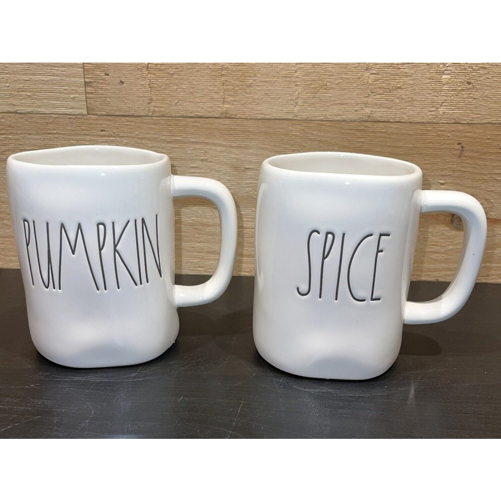 Rae Dunn By Magenta “PUMPKIN & SPICE” White Coffee Tea Cup Mug Set of 2 NWOT